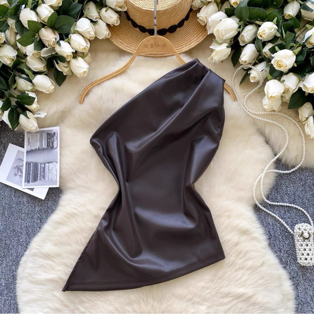 Elegant Brown Faux Leather top One shoulder